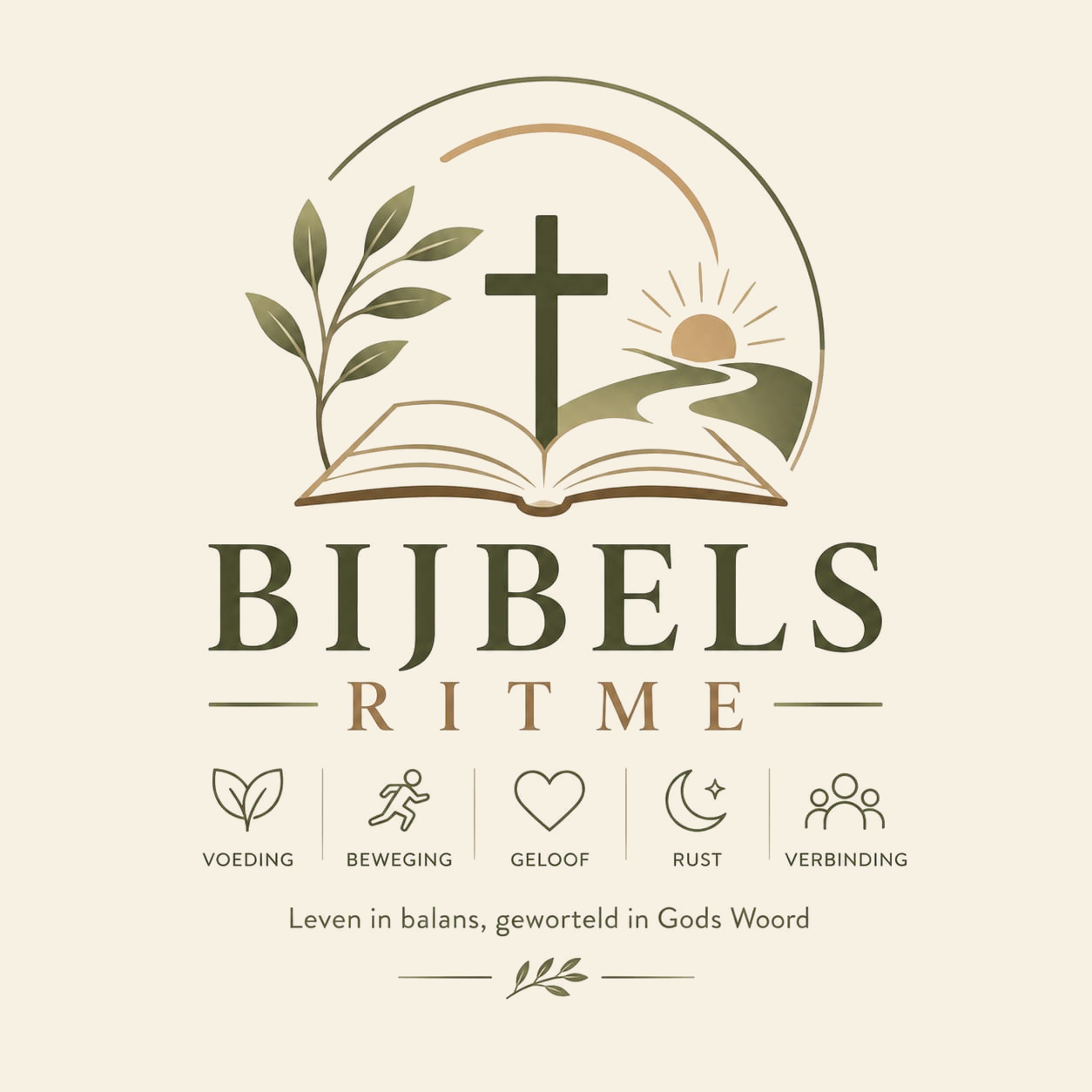 Logo van Bijbels Ritme: een opengeslagen Bijbel met kruis, olijftak en zonsopgang, met de pijlers voeding, beweging, geloof, rust en verbinding