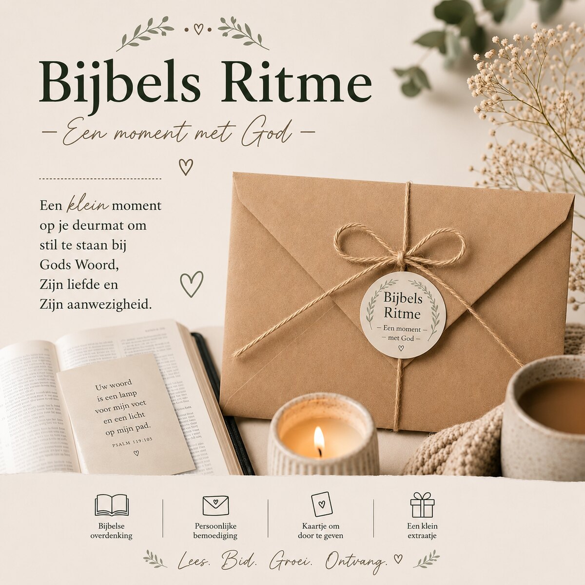 Bijbels Ritme — Een moment met God: een klein moment op je deurmat om stil te staan bij Gods Woord, Zijn liefde en Zijn aanwezigheid. Met een Bijbelse overdenking, persoonlijke bemoediging, een kaartje om door te geven en een klein extraatje. Lees. Bid. Groei. Ontvang.